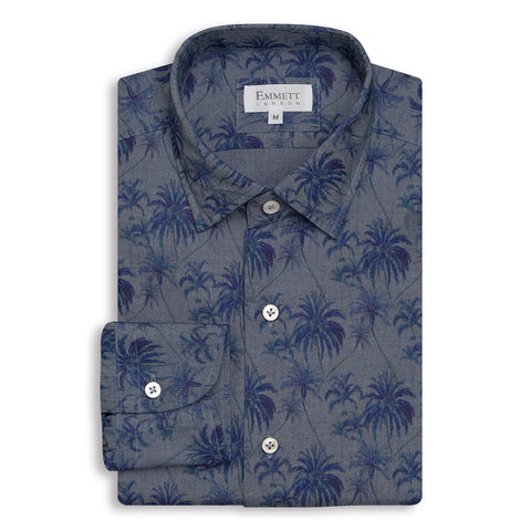 Navy Floral Printed Linen Shirt