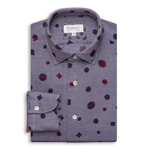 Navy & White Printed & Textured Shirt