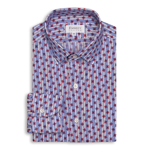 Blue & White Striped & Printed Shirt