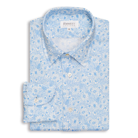 Light Blue Floral Print Linen Shirt