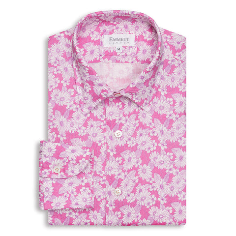 Pink Floral Print Linen Shirt