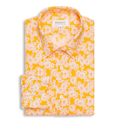 Light Orange Floral Print Linen Shirt