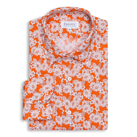 Orange Floral Print Linen Shirt