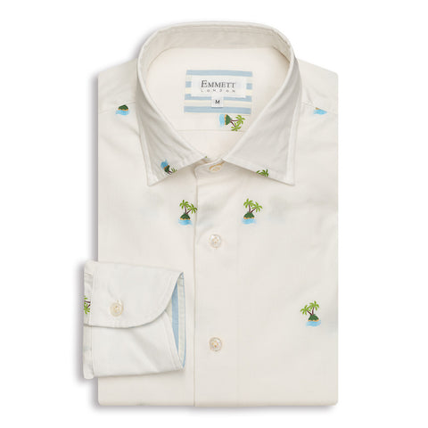 Palm Tree Embroidered Cream Shirt