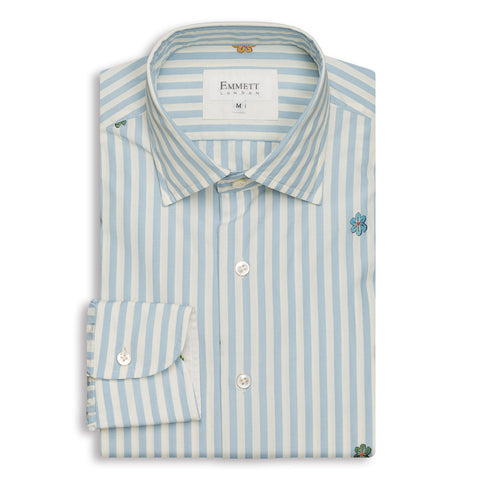 Flower Embroidered And Blue Striped Shirt