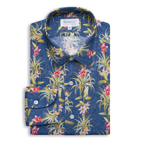 Navy Floral Print Linen Shirt