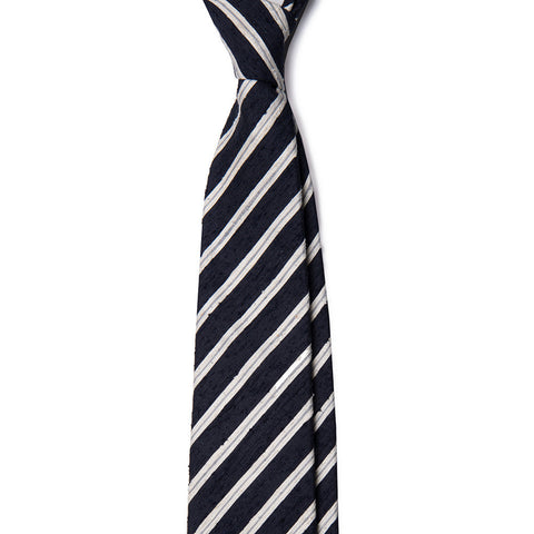 Navy White Stripe Raw Silk Tie