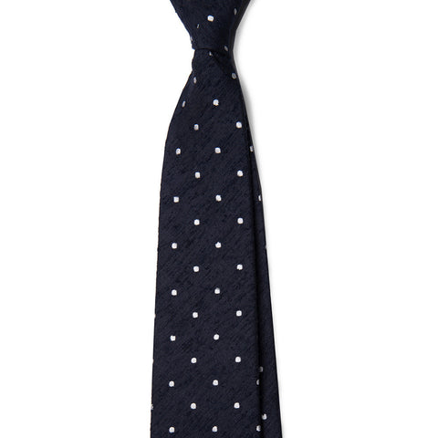 Navy White Spot Raw Silk Tie